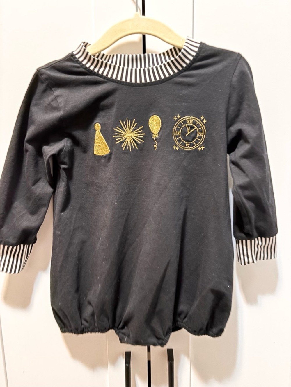 New years Black Kids Long Sleeve bubble with Gold Party Embroidery